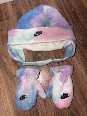Nike Fleece Blue Pink Tie Dye Toboggan & Mittens Set Girls Toddler Size